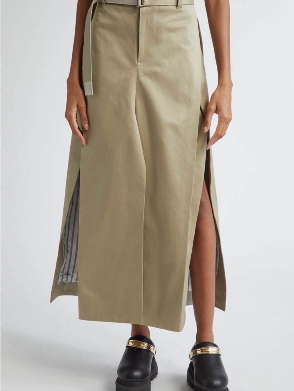 Sacai Khaki Belted Split-Hem Midi Skirt